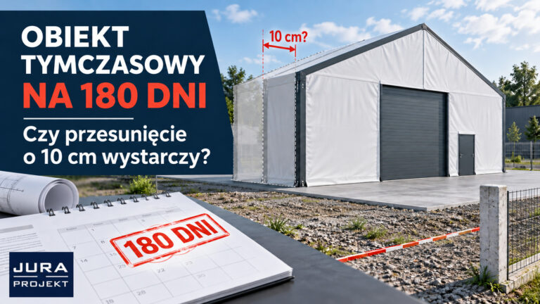 Tymczasowy obiekt budowlany na 180 dni – hala namiotowa, kontener i przesunięcie o 10 cm